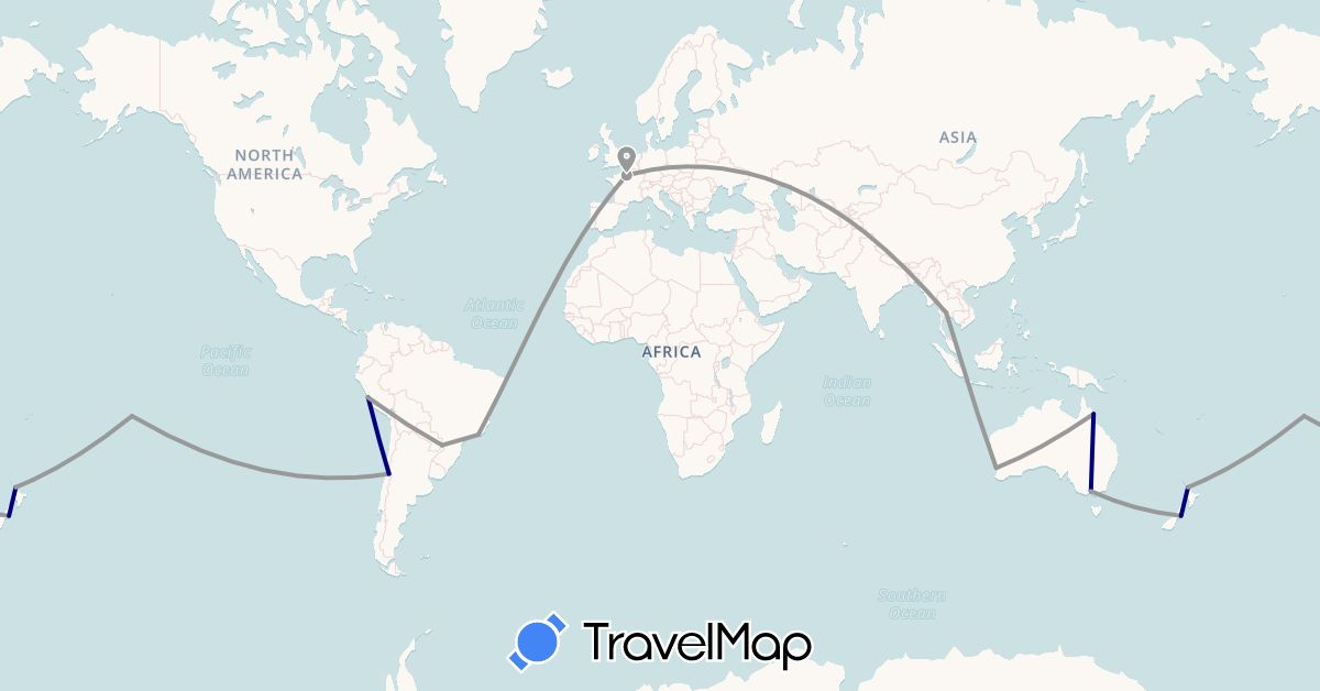 TravelMap itinerary: driving, plane in Argentina, Australia, Brazil, Chile, France, New Zealand, Peru, French Polynesia, Thailand (Asia, Europe, Oceania, South America)